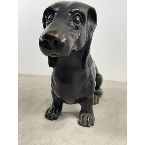 Dachshund Dog Sculpture Brass Metal Patina Life Size 16L 10H Seated Position